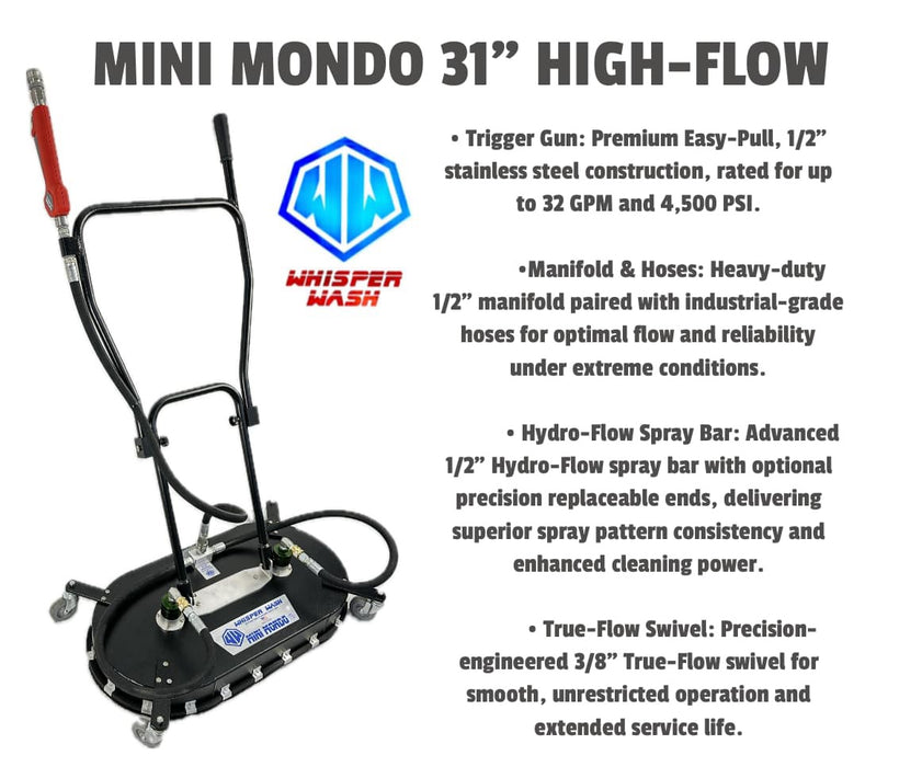 High Flow Mini Mondo 31" Surface Cleaner Upgraded 1/2" ID Hose, Inline Gun Choose Handle Type